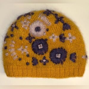 Charming Floral Knit Kids Beanie - Yellow and Purple